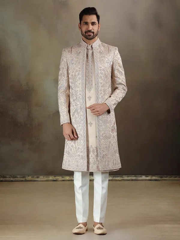 Light gold crochet long jacket sherwani with dupatta