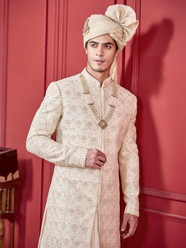 Light gold hue peshwahi silk sherwani
