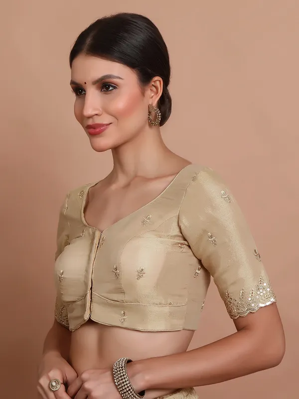 Light gold tissue silk sweetheart neck festive blouse