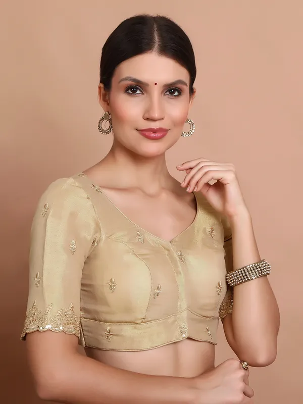 Light gold tissue silk sweetheart neck festive blouse