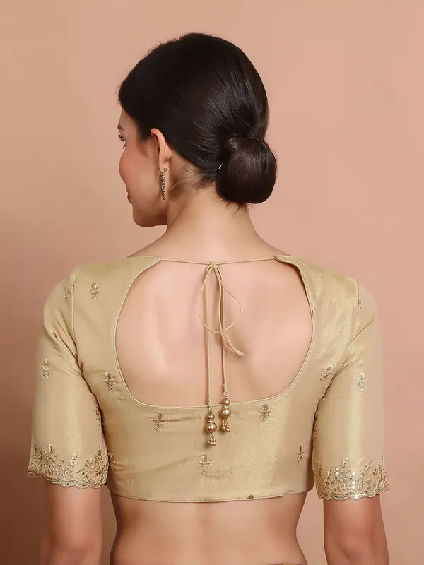 Light gold tissue silk sweetheart neck festive blouse