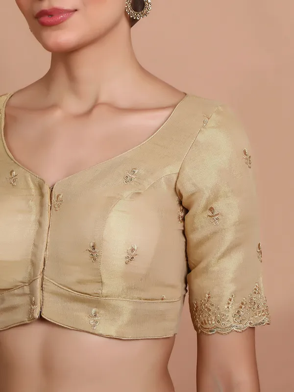 Light gold tissue silk sweetheart neck festive blouse
