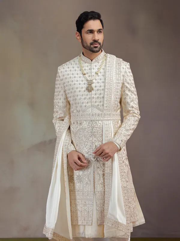Light golden peshwa silk sherwani with dupatta