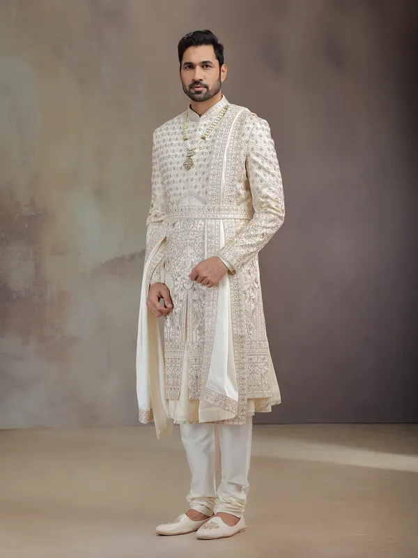 Light golden peshwa silk sherwani with dupatta