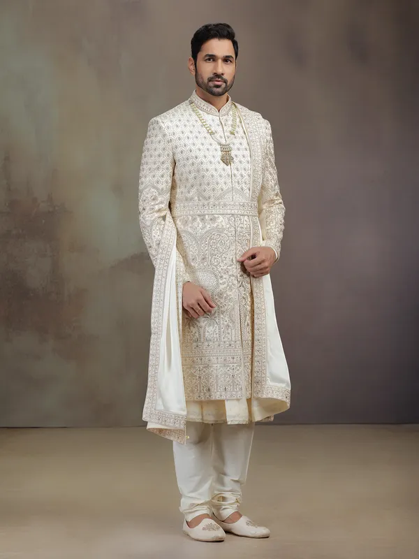 Light golden peshwa silk sherwani with dupatta