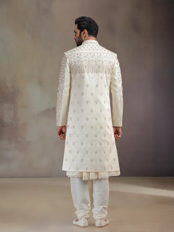 Light golden peshwa silk sherwani with dupatta