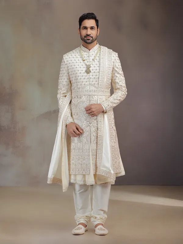 Light golden peshwa silk sherwani with dupatta