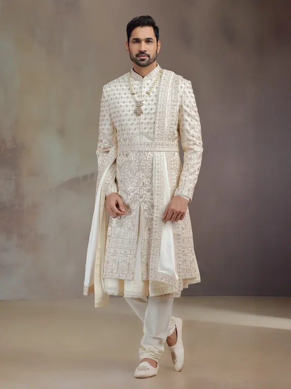 Light golden peshwa silk sherwani with dupatta