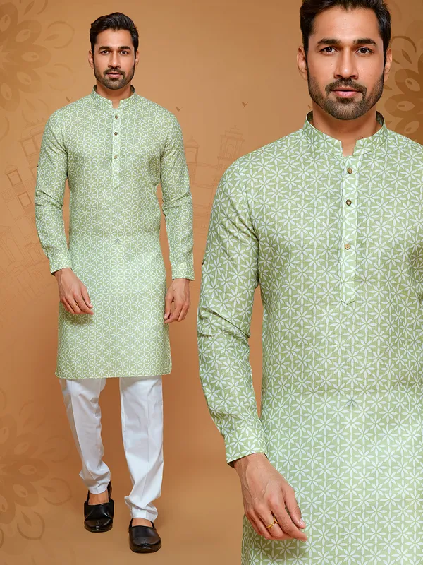 Light green cotton kurta suit for men