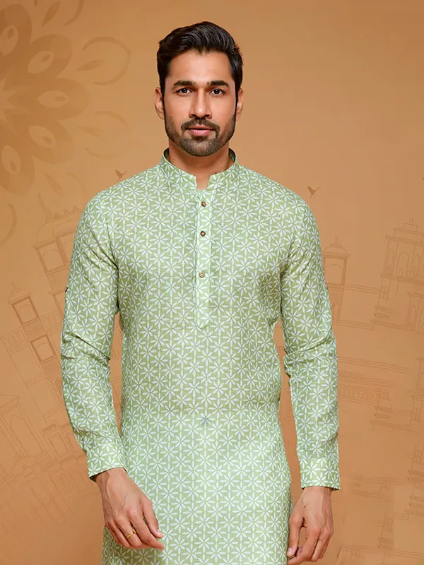 Light green cotton kurta suit for men