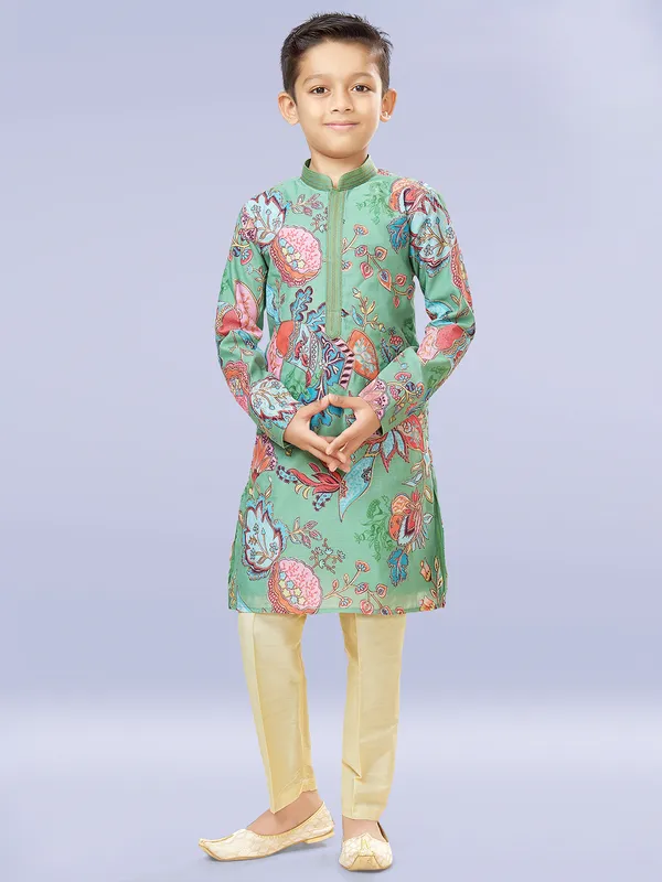 Light green cotton silk festive style kurta set