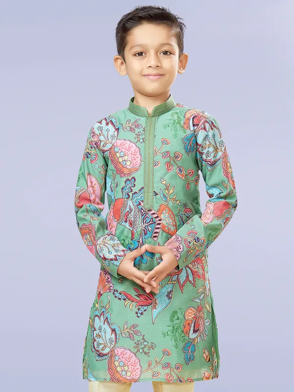 Light green cotton silk festive style kurta set