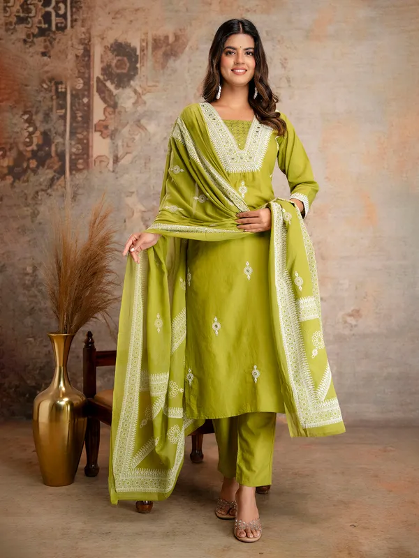 Light green cotton silk kurti set with printed dupatta