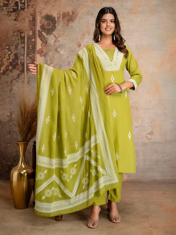 Light green cotton silk kurti set with printed dupatta