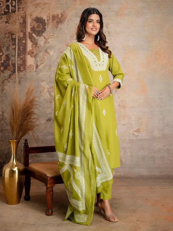 Light green cotton silk kurti set with printed dupatta