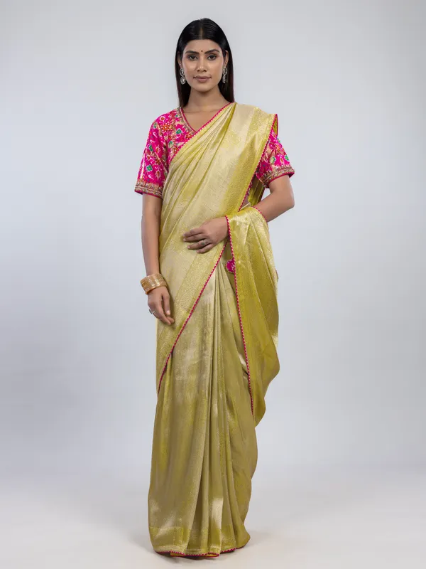 Light green dola silk festive saree with readymade