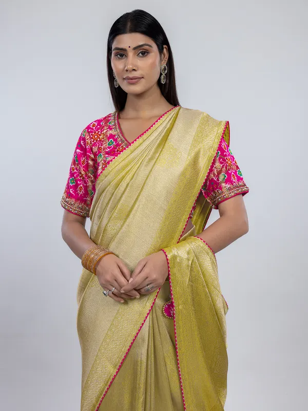 Light green dola silk festive saree with readymade