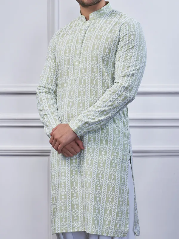 Light green embroidery cotton kurta suit