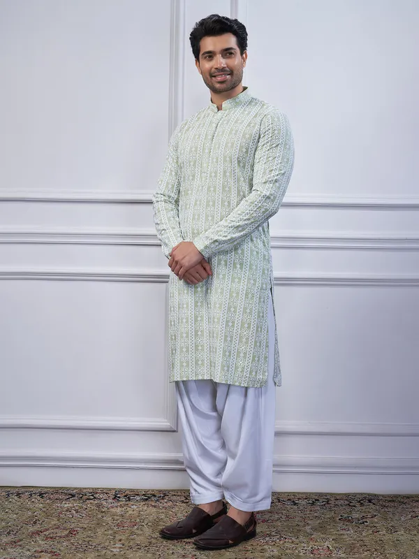 Light green embroidery cotton kurta suit