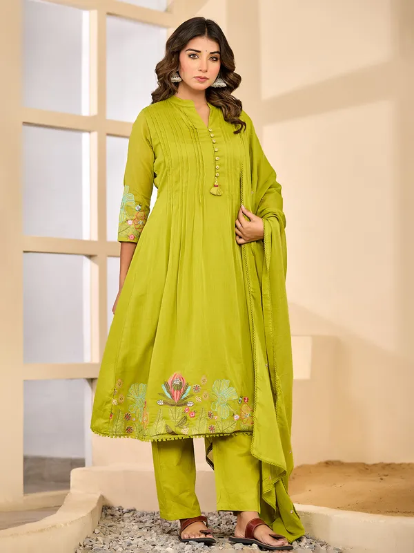 Light green festive silk embroidered kurti set