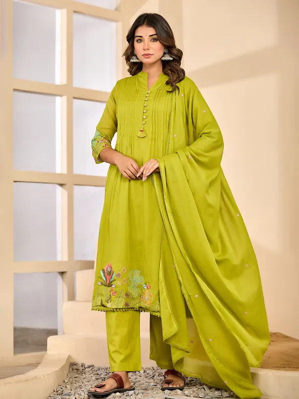Light green festive silk embroidered kurti set
