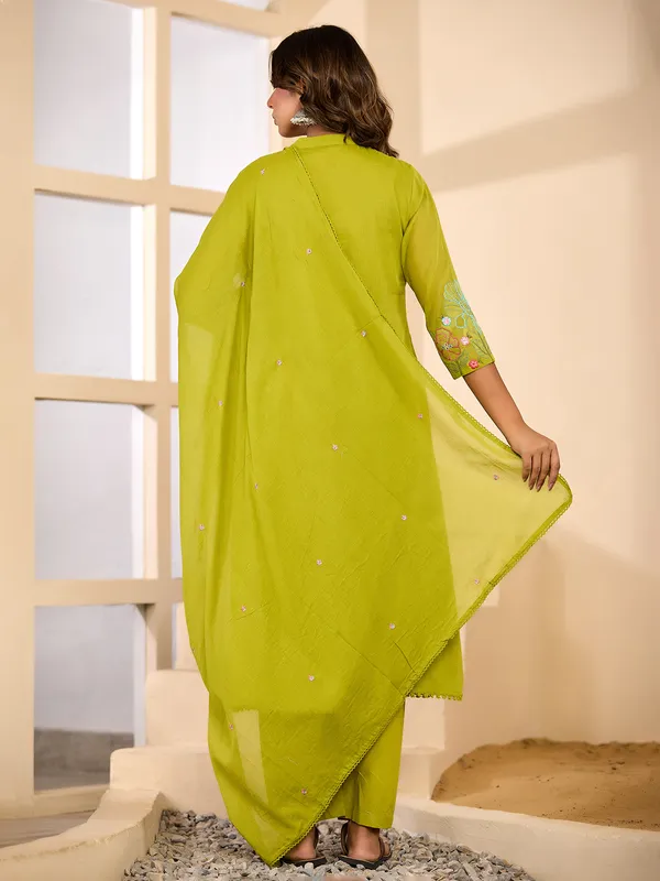 Light green festive silk embroidered kurti set