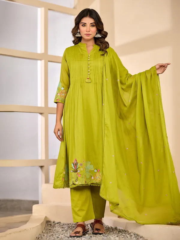 Light green festive silk embroidered kurti set