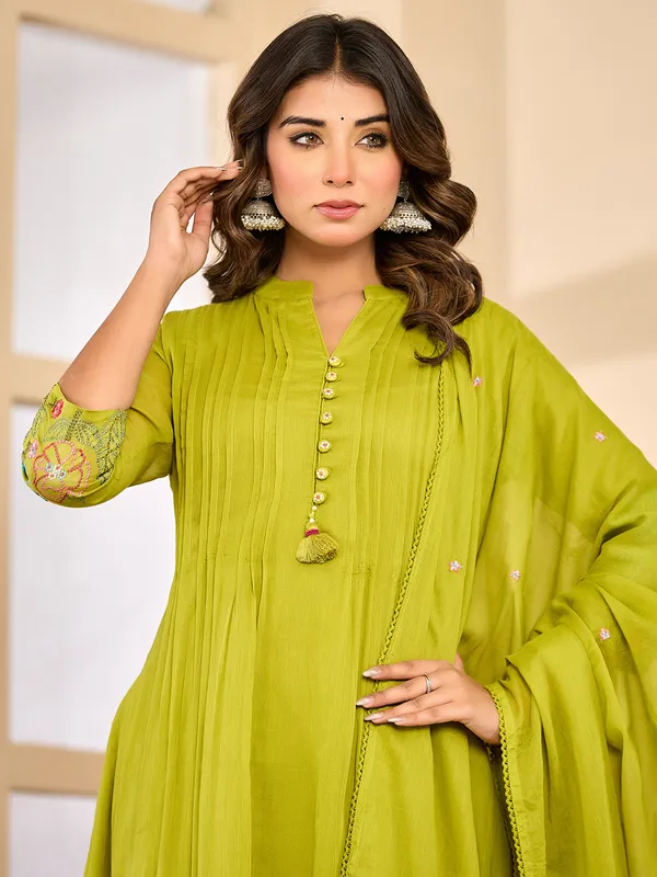 Light green festive silk embroidered kurti set