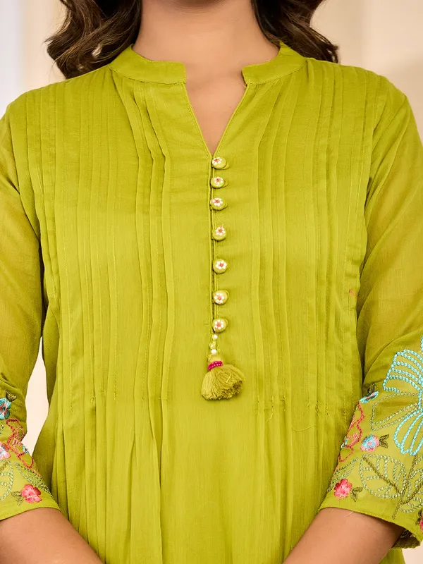 Light green festive silk embroidered kurti set