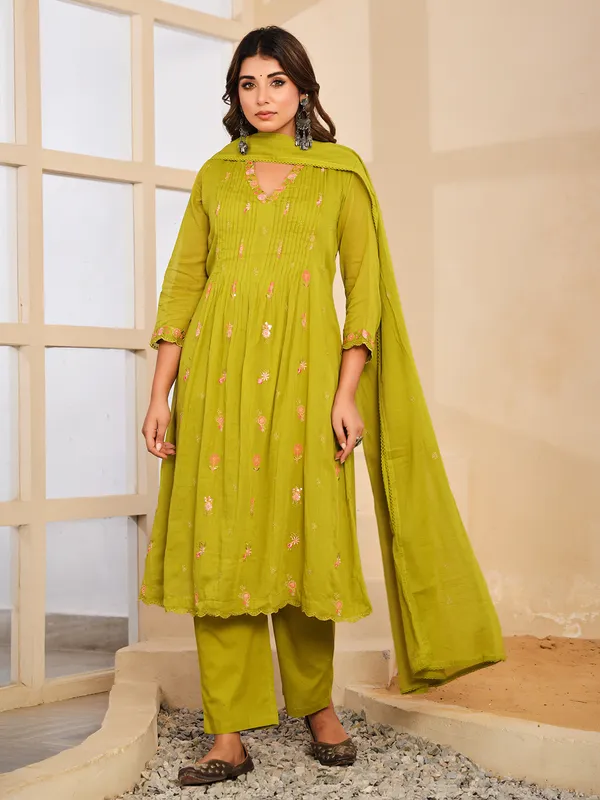 Light green festive wear cotton silk kurti set