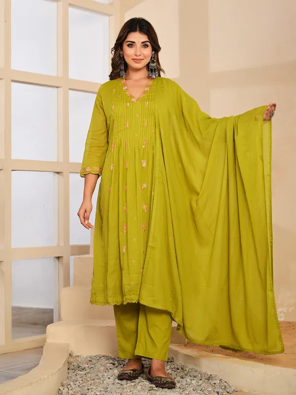 Light green festive wear cotton silk kurti set