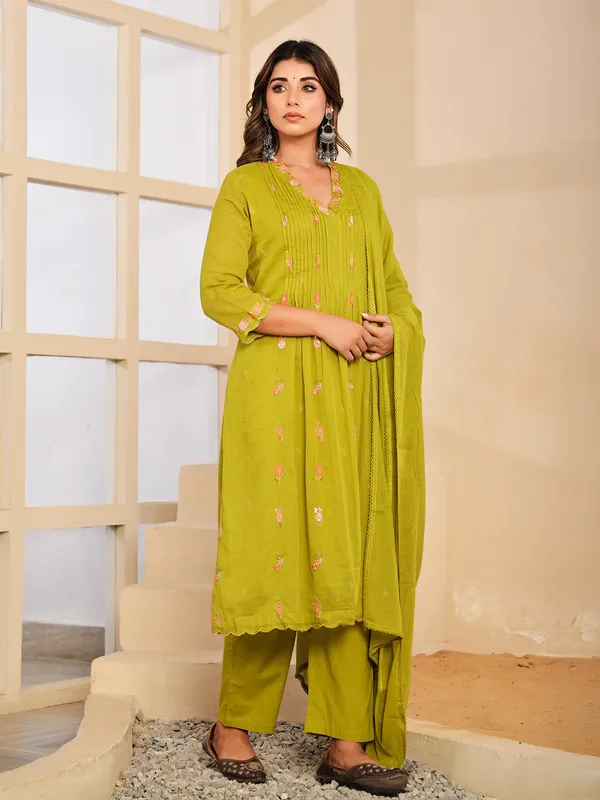 Light green festive wear cotton silk kurti set