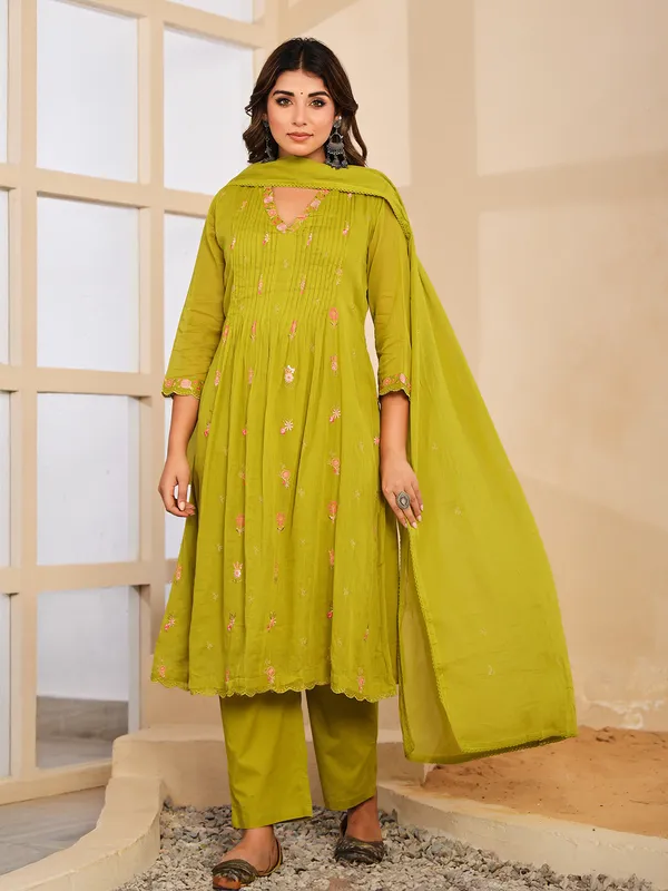 Light green festive wear cotton silk kurti set