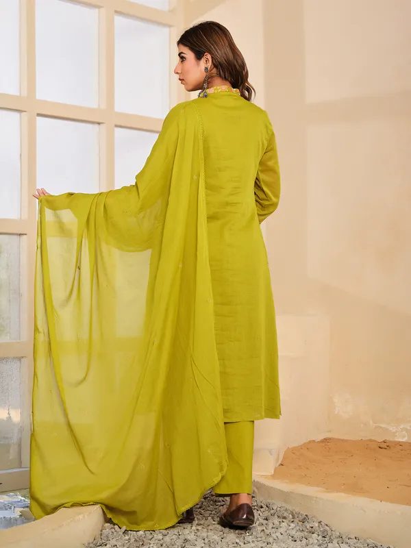 Light green festive wear cotton silk kurti set