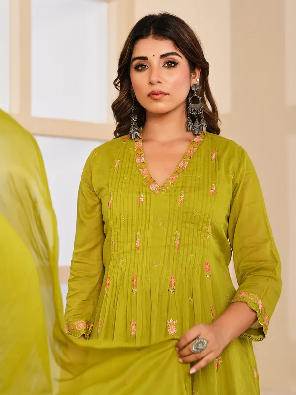 Light green festive wear cotton silk kurti set