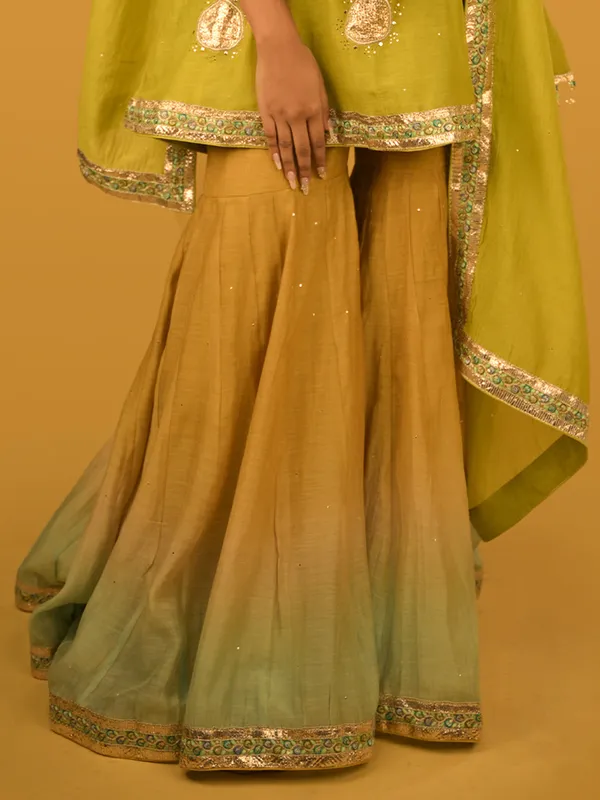 Light green festive wear sharara suit in malai chanderi
