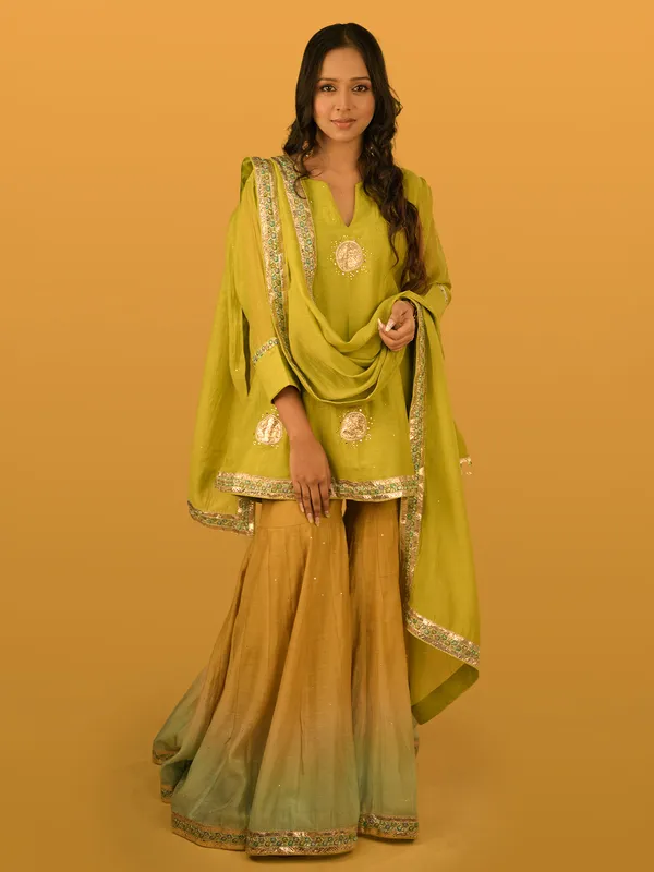 Light green festive wear sharara suit in malai chanderi
