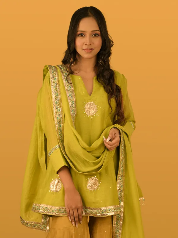 Light green festive wear sharara suit in malai chanderi
