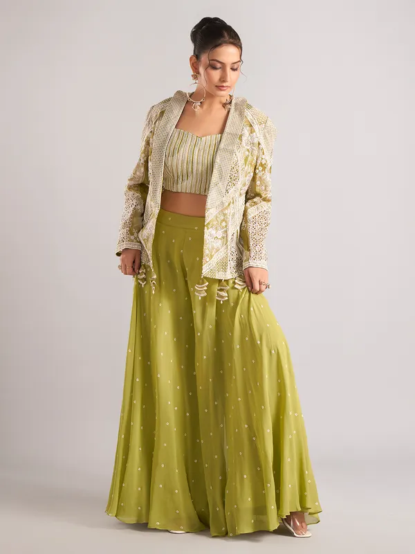 Light green georgette jacket style palazzo suit wedding wear