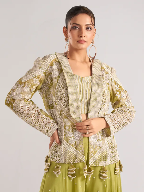 Light green georgette jacket style palazzo suit wedding wear