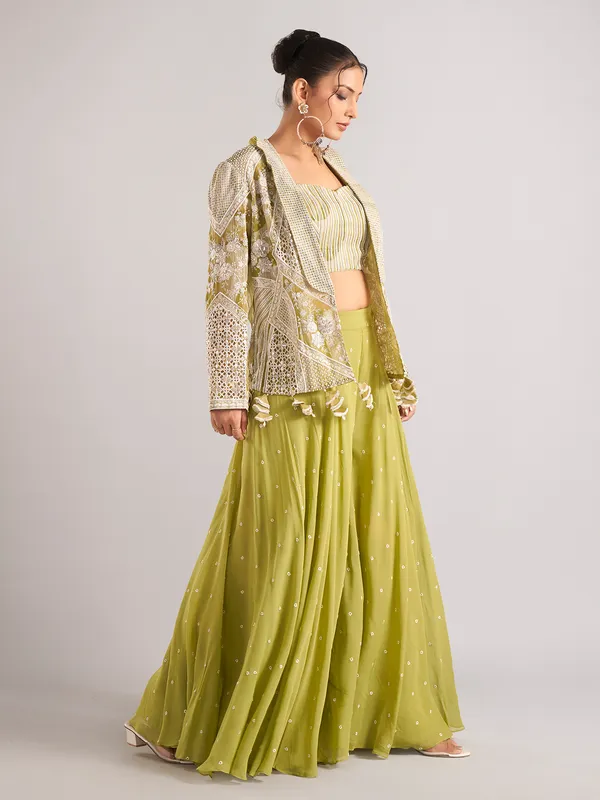 Light green georgette jacket style palazzo suit wedding wear
