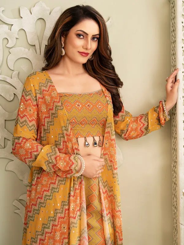 Light green georgette jacket style sharara suit