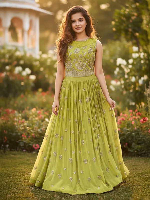 Light green georgette resham lehenga choli for wedding wear