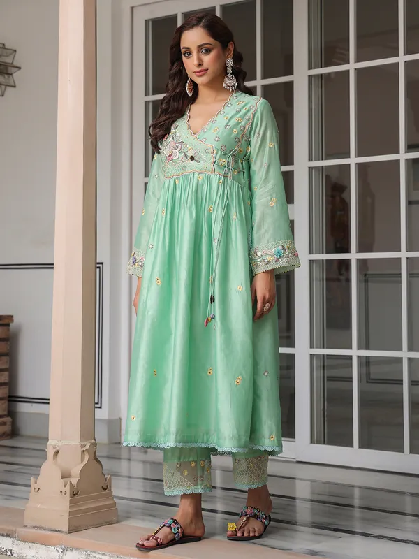 Light green kurti set for women in chanderi silk