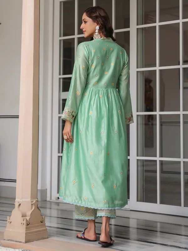 Light green kurti set for women in chanderi silk