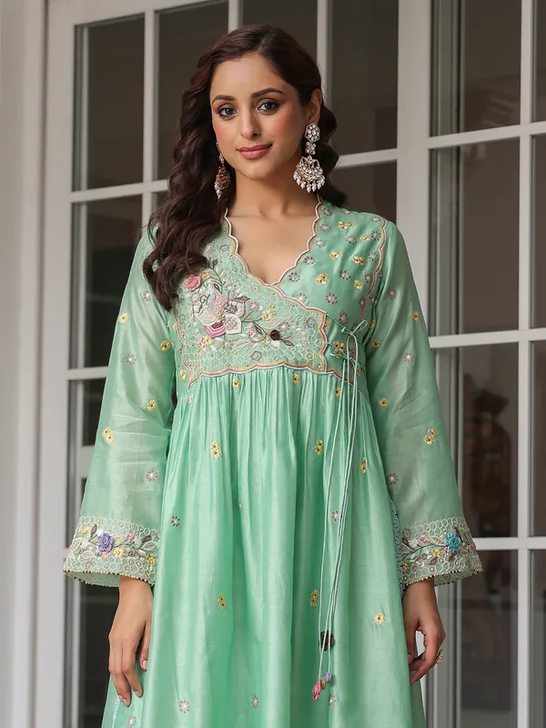 Light green kurti set for women in chanderi silk