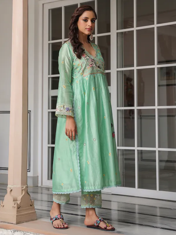 Light green kurti set for women in chanderi silk