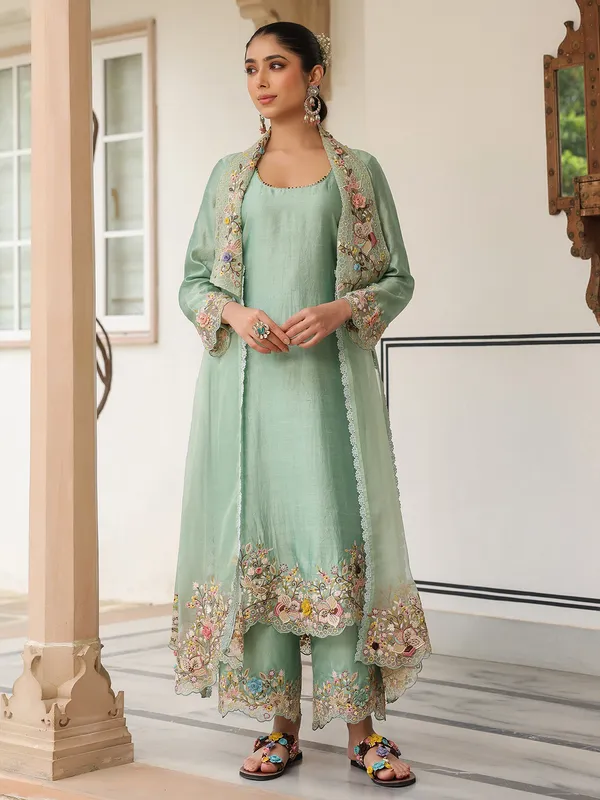 Light green organza and chanderi silk jacket style kurti set