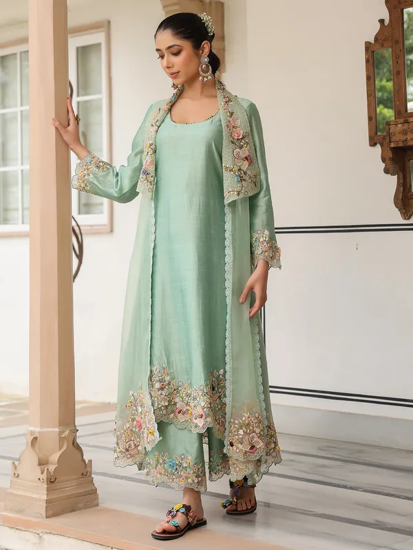 Light green organza and chanderi silk jacket style kurti set