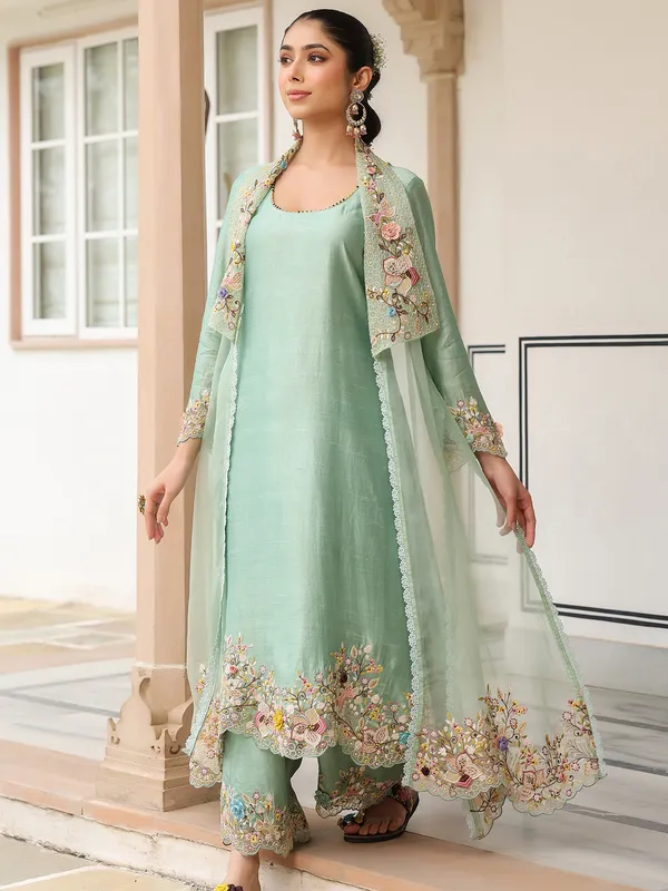 Light green organza and chanderi silk jacket style kurti set